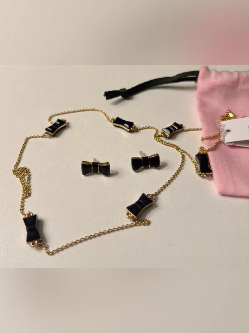 Kate Spade Jackpot Jewels Black Gold Bow Necklace and Earrings Set Dustbag NWT